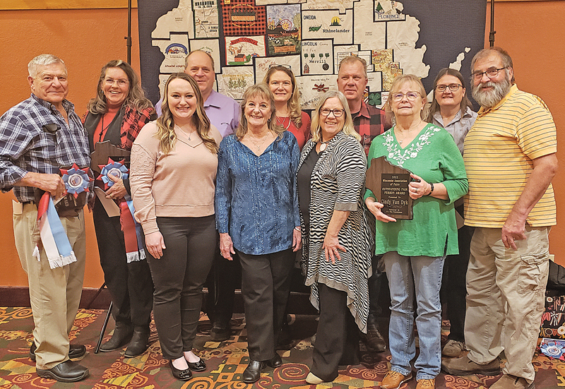 AWARD WINNERS – Above is the St. Croix County Fair delegation who recently attended the annual Wisconsin Association of Fairs convention at Chula Vista Resort in Wisconsin Dells. Pictured from left to right are: back row: Dennis Hurtis, Rita Palewicz, Randy Thompson, Jackie Kumm, Doug Jaimeson, and Lori DeBoer; front row: Kaitlyn Konder, Gail Maier, DaNell Jaimeson, Cindy Van Dyk, and Bill Van Dyk. Not pictured are: Cindy Croes and Megan Frye 					       —photo submitted